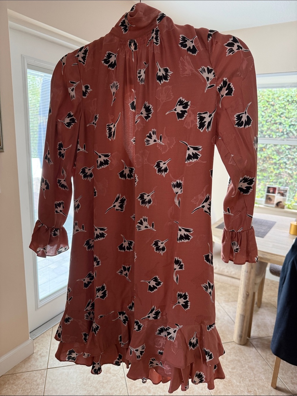Rebecca Taylor Rust Floral High-Neck Ruffle Dress